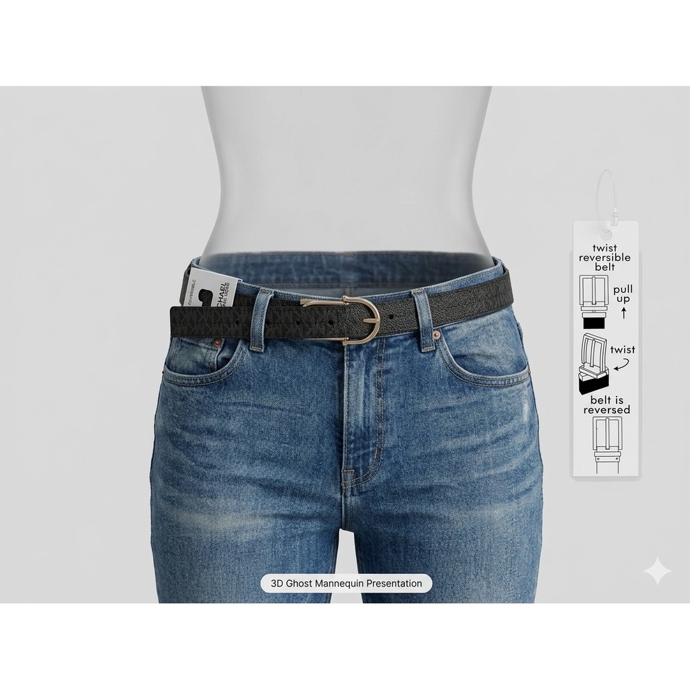 Michael Kors Womens Reversible‎ MK Logo Black Leather Belt Gold Buckle